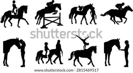 This collection of illustrations in image_ed8945.png features diverse scenes including show jumping, horse racing, vaulting, and general equine care. These professional vector silhouettes are ideal for equestrian sports branding, animal training graphics, and horse-themed lifestyle design projects.