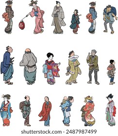 This is a collection of illustrations of people accompanying ukiyo-e prints.