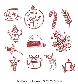 This collection of illustrations uses a minimalist hand-drawn style. The elements include classic year-end holiday symbols such as little angels, Santa hats, hot chocolate cups, and botanical plant