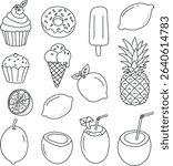This collection of line art features sweet summer treats like cupcakes, donuts, and ice cream alongside tropical fruits like pineapples, lemons, and coconuts, perfect for a coloring page.