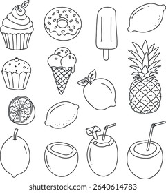 This collection of line art features sweet summer treats like cupcakes, donuts, and ice cream alongside tropical fruits like pineapples, lemons, and coconuts, perfect for a coloring page.