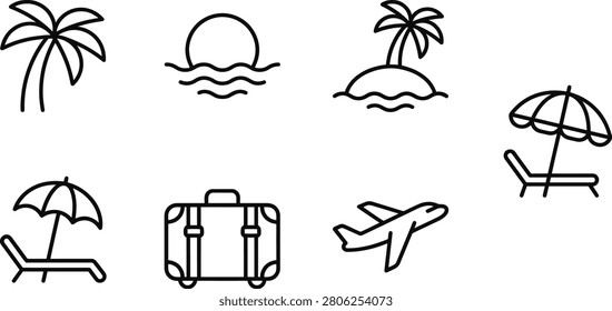 This is a collection of line art icons depicting tropical elements, including a palm tree, beach, suitcase, and airplane, on a white background.