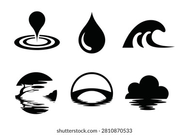 This collection of minimalist black icons showcases essential nature elements including water drops waves landscape scenes with trees bridges and clouds. Each simple graphic is isolated on a white background making it perfect for creative projects.