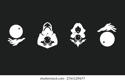 This collection of minimalist vector icons depicts various concepts related to magic and divination, featuring stylized hands and mystic figures interacting with glowing crystal balls. These versatile graphic elements are ideal for projects related to spirituality, fantasy, horoscopes, fortune telling, or mystical branding.