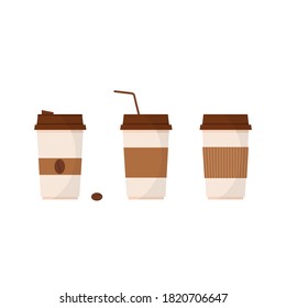 This is a collection of paper cups with coffee isolated on a white background.