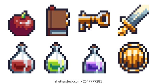 This is a collection of pixel art assets designed for retro or fantasy-themed video games. The set includes a variety of items, each crafted with vibrant colors and crisp details.