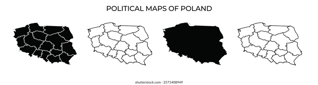 This collection of political maps illustrates various administrative divisions of Poland, highlighting regions in contrasting colors. Each map emphasizes boundary distinctions.