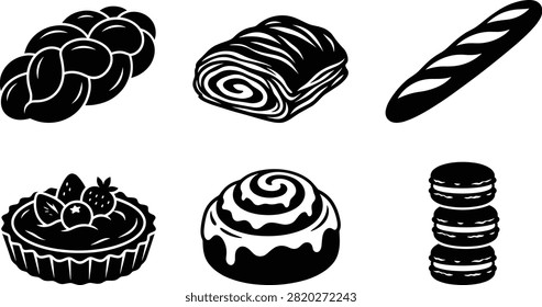 This collection of professional glyph vector icons features various baked goods, fresh pastries, and sweet desserts. Perfect for commercial design, food menus, bakery branding, and confectionery projects.