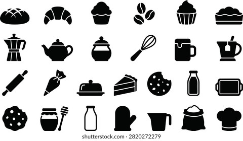 This collection of professional glyph vector icons features various bakery items, pastries, and baking tools. Perfect for commercial design, food menus, bakery branding, and culinary apps.