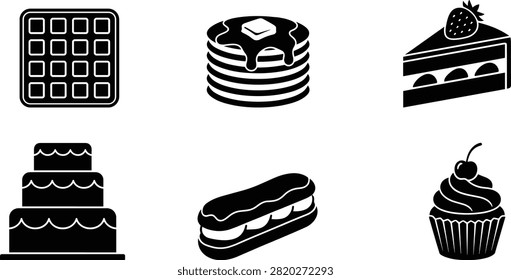 This collection of professional glyph vector icons features various sweet treats, pastries, and delicious desserts. Perfect for commercial design, food menus, bakery branding, and confectionery apps.