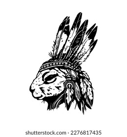 This collection set features Hand drawn illustrations of a cute rabbit wearing traditional Indian chief head accessories, perfect for any art lover