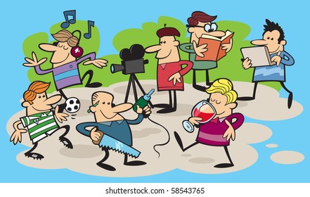 This is collection of seven individual fathers enjoying their hobbies and pastimes. All individual characters are layered and grouped separately for easy use and editing.