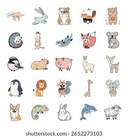This collection showcases an array of cute cartoon animal illustrations, featuring beloved creatures like bears, foxes, rabbits, and more. Perfect for children's projects, apparel, and decorations.