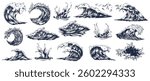 This collection showcases different artistic representations of ocean waves each with unique shapes and splashes. The designs emphasize the dynamic movement and energy of water.