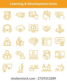 Esta colección muestra distintos íconos de línea que representan el aprendizaje y el desarrollo. Los iconos incluyen gorras de graduación, libros, computadoras, funciones cerebrales, apretón de manos y cursos en línea, lo que indica educación y crecimiento.