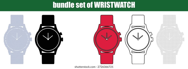 Esta colección muestra cinco ilustraciones de relojes de pulsera distintas dispuestas cuidadosamente sobre un fondo blanco limpio que proporciona un recurso gráfico claro y versátil