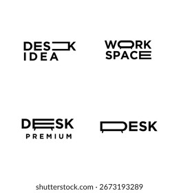 Esta colección muestra cuatro diseños de logotipos creativos y minimalistas centrados en torno a las temáticas de los escritorios y espacios de trabajo, integrando hábilmente Elementos abstractos de escritorio en la tipografía moderna.