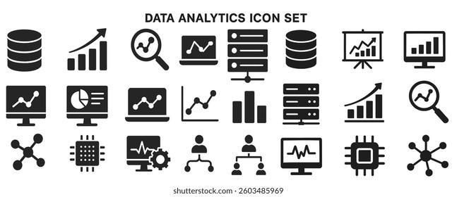 This collection showcases icons related to data analytics, including charts, graphs, databases, and analytical tools, ideal for illustrating business reports and presentations.
