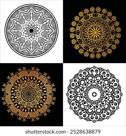 This collection showcases intricate zentangle mandalas in luxurious gold. Crafted with swirling patterns and floral motifs, they offer complexity and elegance. Ideal for digital art, décor, 