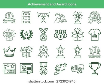 Esta coleção exibe ícones de arte em linha representando conquistas e prêmios, incluindo troféus, medalhas, banners de celebração, certificados, sacolas de dinheiro e um pódio de campeões com vencedores.