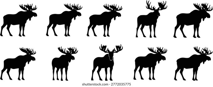 This collection showcases multiple black silhouette illustrations of majestic bull moose, each featuring impressive, large antlers. These graphic depictions highlight the powerful stance of these wild animals, perfect for designs related to nature, wildlife, and the outdoors. Each animal stands isolated in a simple, minimalist artistic style.