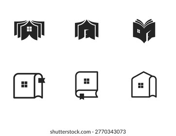 This collection showcases six distinct minimalist logo designs that ingeniously combine elements of a book or scroll with a house or home, featuring details like windows, doors, and bookmarks. These versatile black and white vector icons are perfect for branding related to real estate, education, libraries, learning centers, publishing, or any business focusing on knowledge, comfort, and personal growth.