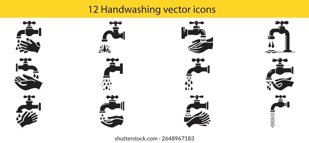 This collection showcases twelve distinct black silhouette icons representing various aspects of handwashing. Each icon features a faucet and hands, isolated on a clean white background.