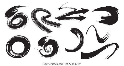 This collection showcases a variety of dynamic black brush stroke graphics, including energetic swirls, abstract curves, and bold arrows, perfect for adding a unique artistic flair to your designs.
