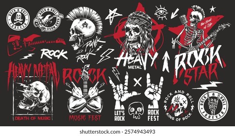 This collection showcases various graphic designs inspired by rock and heavy metal music. Bold skulls symbols and catchy phrases create a vibrant and edgy atmosphere for music lovers.