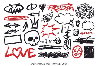 This collection showcases various grunge marker textures and doodles featuring elements like hearts skulls arrows and clouds. Perfect for artistic projects and design inspiration.