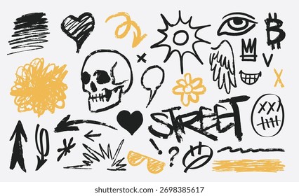 This collection showcases various grunge textures created with markers. The designs include symbols shapes and patterns that add artistic flair to any project.