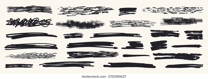 Esta colección muestra varias texturas de marcador grunge sobre un fondo claro. Cada trazo varía en grosor y estilo creando una rica textura visual. Perfecto para proyectos de diseño.