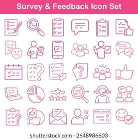 This collection showcases various linear icons, representing questionnaire documents, customer polls, chart evaluation, and a smiley face.