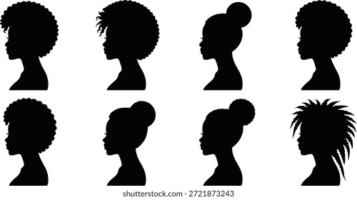 Esta colección muestra ocho perfiles femeninos negros distintos, con varios estilos de cabello natural y protectores como afros y rastas.
