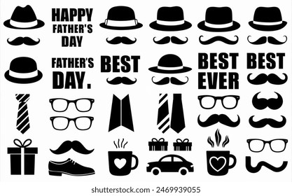 Esta colección de siluetas incluye una variedad de figuras paternales, incluyendo sombreros, bigotes, corbatas y herramientas. También incluye el texto "Feliz Día del Padre" y "Mejor papá de todos los tiempos"