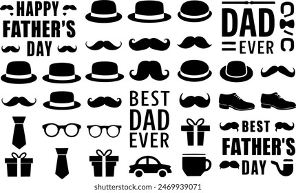 Esta colección de siluetas incluye una variedad de figuras paternales, incluyendo sombreros, bigotes, corbatas y herramientas. También incluye el texto "Feliz Día del Padre" y "Mejor papá de todos los tiempos"