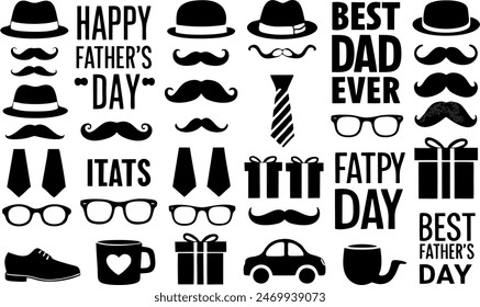 Esta colección de siluetas incluye una variedad de figuras paternales, incluyendo sombreros, bigotes, corbatas y herramientas. También incluye el texto "Feliz Día del Padre" y "Mejor papá de todos los tiempos"