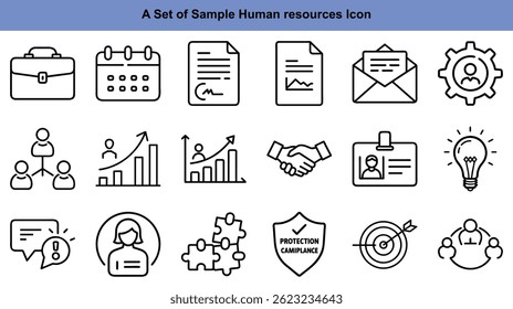 This collection of simple, outlined icons represent business themes like briefcase, charts, document, communication, target, teamwork, light bulb, and human resource management in plain lines.