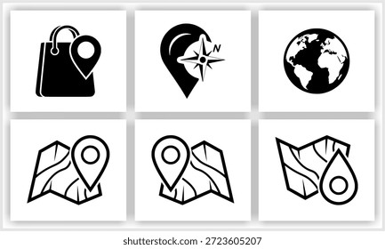 Esta colección de seis íconos en blanco y negro presenta varios conceptos de ubicación y navegación, incluida una bolsa de compras con un pin, una brújula dentro de un marcador de mapa, un globo terráqueo y múltiples mapas doblados con pines de destino, adecuados para interfaces digitales y servicios geográficos.