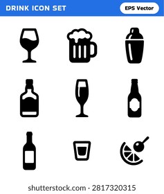 This is a collection of solid black icons representing various beverages and bar tools, perfect for graphic design projects related to food and drink.