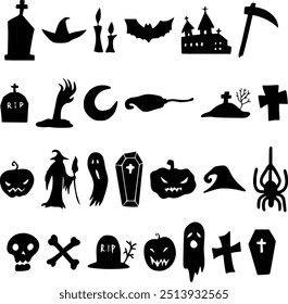 Diese Kollektion gespenstischer schwarzer Halloween-Ikonen enthält eine Reihe von Symbolen wie Grabsteine, Hexen, Fledermäuse, Geister, Kürbisse und Spinnen, perfekt für festliche Designs.