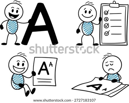 This collection of stick figures illustrates varying academic outcomes, from excellent grades to minor setbacks on a checklist.