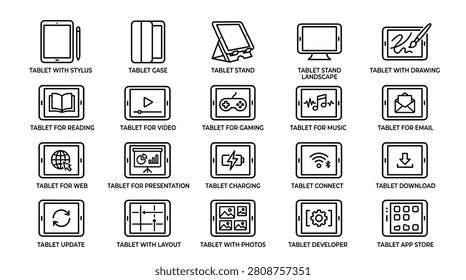 This collection of tablet device line icons covers various functionalities and accessories, illustrating modern digital interactions, productivity tools, and entertainment options in a sleek, minimalist design.