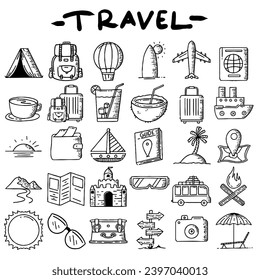 This is a collection of travel icons hand drawn in outline style, you can give it any color you want, vector illustration