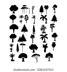 This is a collection of trees and plants in black vector.