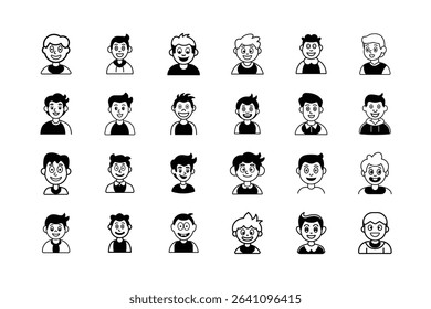 This is a collection of twenty four cartoon boy icons, each with a unique hairstyle and clothing, all rendered in a simple black and white line art style.