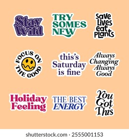 This collection of typography-based motivational stickers is designed to inspire and empower.