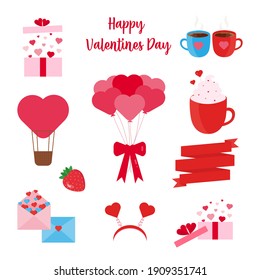 This is a collection of Valentine objects isolated on a white background.