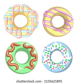 This is a collection of vector donuts, with a variety of shapes and colors