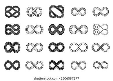 This collection of vector illustrations features infinity symbols, symbolizing endlessness, un-limitedness, and eternity, ideal for branding, website design, and graphic art projects.